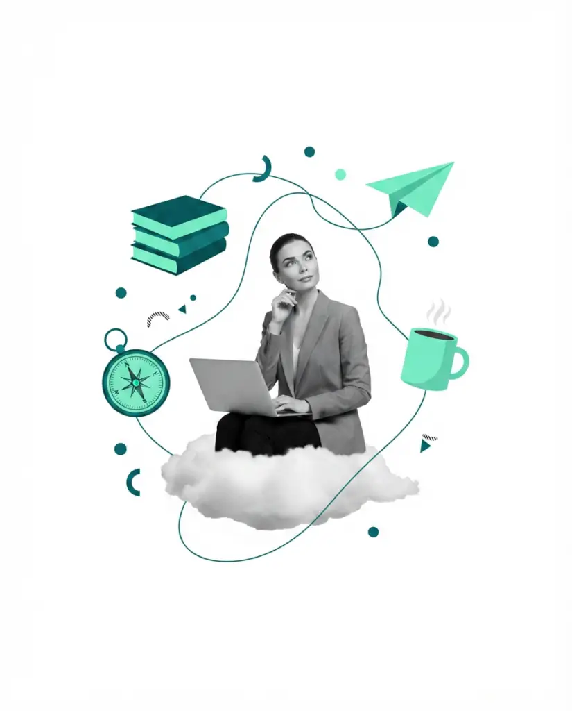 Collage of a facilitator at a whiteboard with laptop and compass illustrations