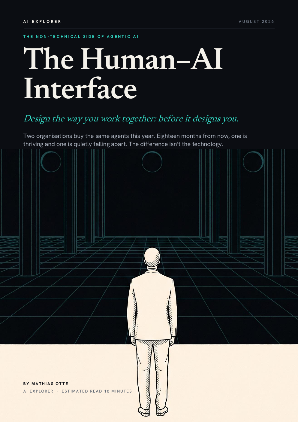 Cover of the Human-AI Interface paper, showing a figure standing in a pale hall.