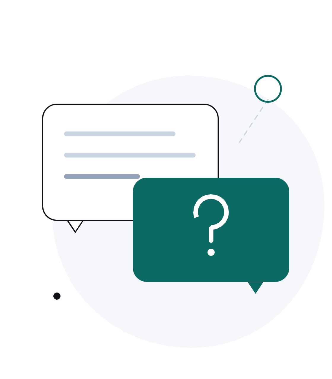 Abstract illustration of two message panels meeting, with a question mark, suggesting enquiry and conversation